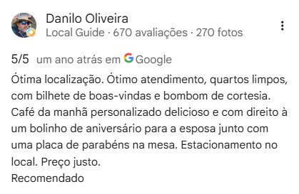 Avaliação 5/5 de Danilo Oliveira no Google