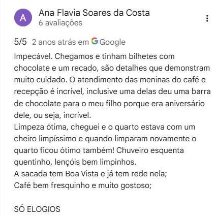 Avaliação 5/5 de Ana Flavia Soares da Costa no Google